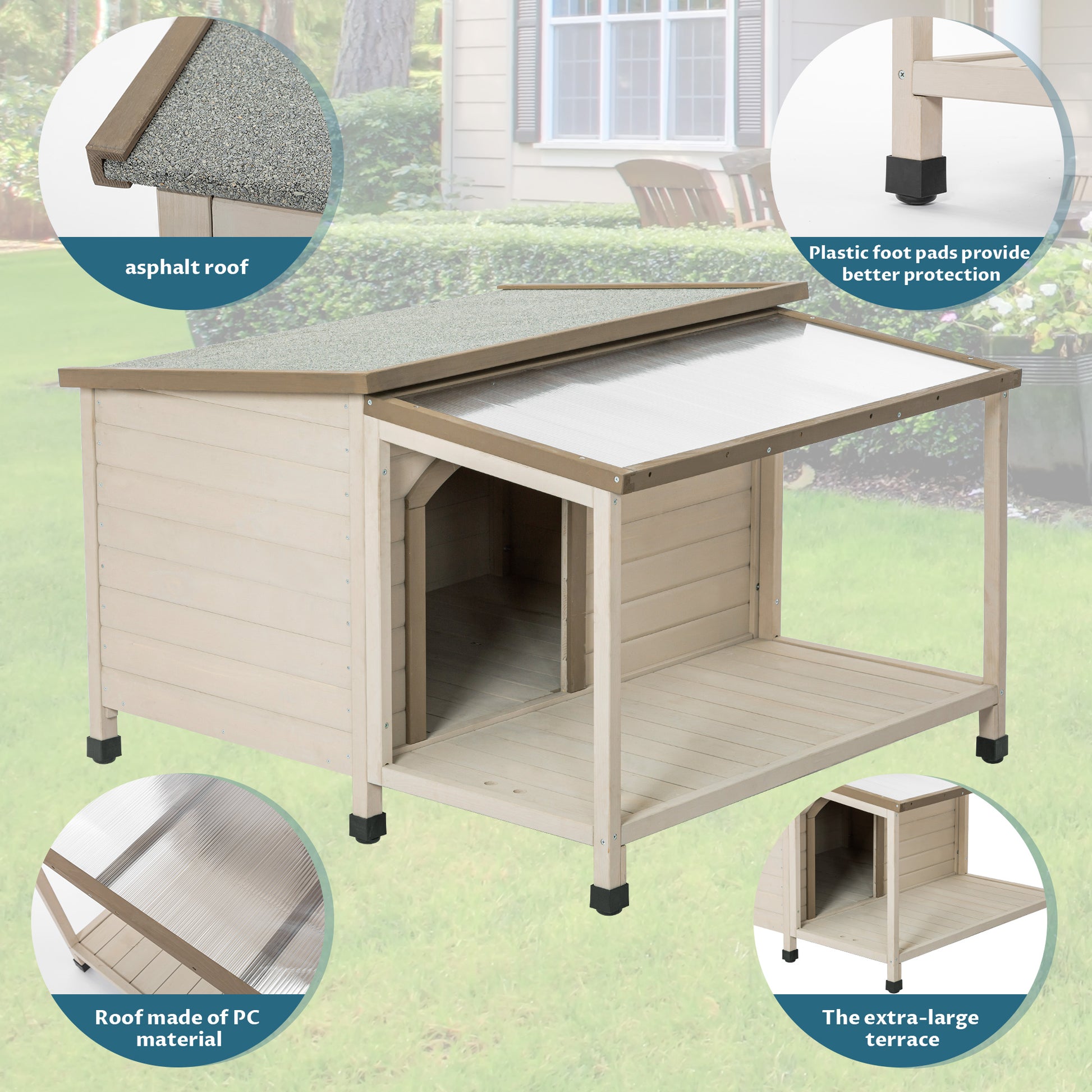 Outdoor Fir Wood Dog House With An Open Roof Ideal For Small To Medium Dogs. Dog House With Large Terrace With Clear Roof.Weatherproof Asphalt Roof And Treated Wood. Cream Solid Wood