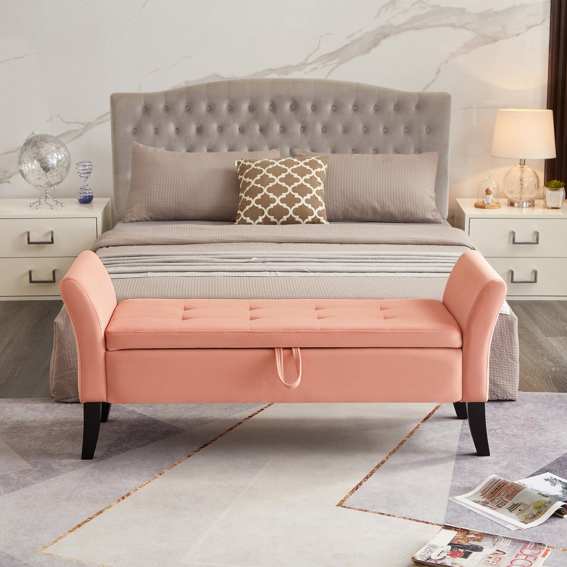 51.5" Bed Bench With Storage Pinlk Velvet Pink Foam Velvet