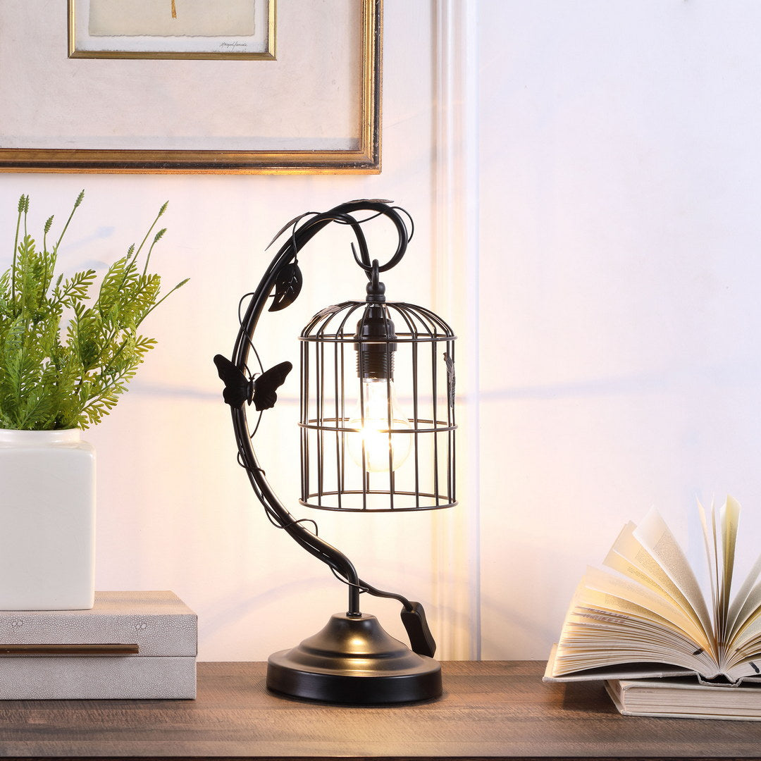 17.5" Iris Black Butterfly Garden Metal Table Lamp Matte Black Metal