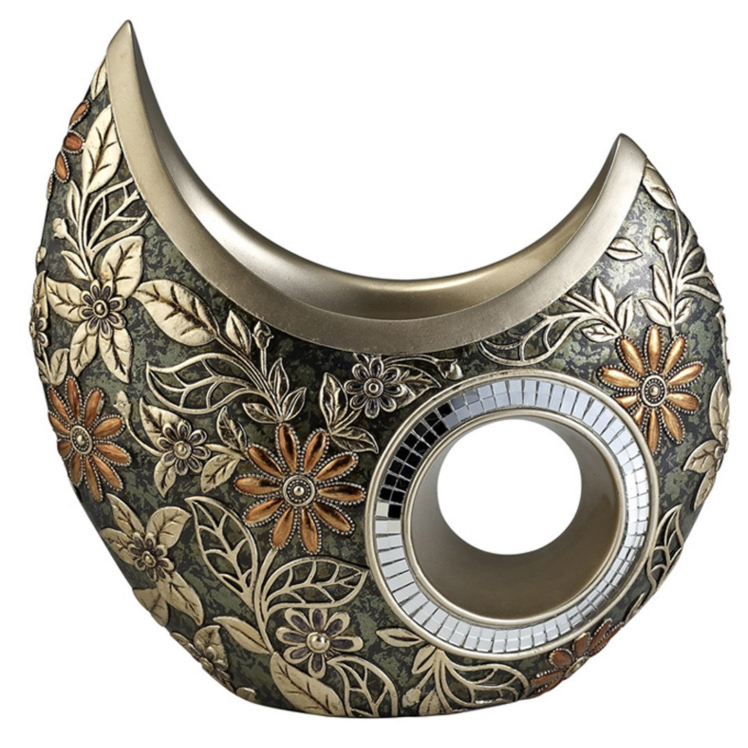 11" Tall Polyresin Decorative Vase, Gold Chrysanthemum Design Gold Polyresin