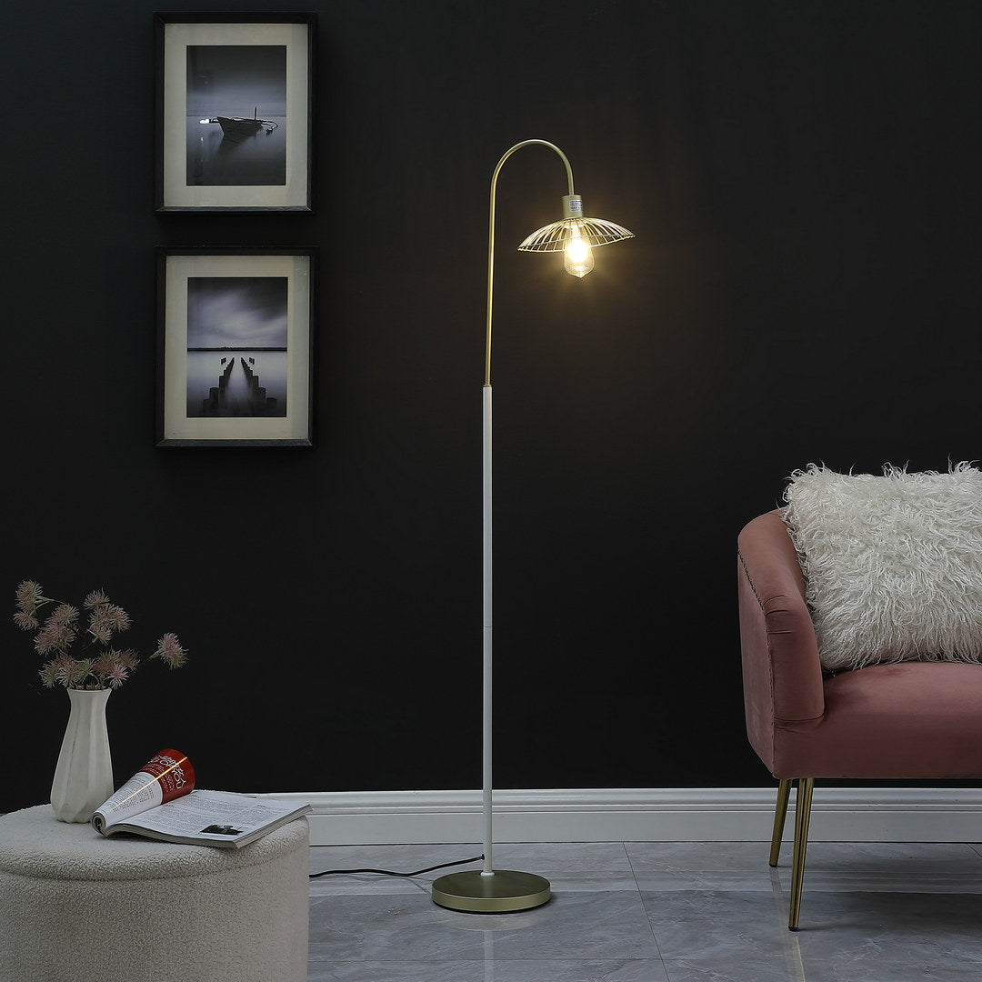 64.25" In Industrial Farm Pendant Cage Satin Matte Gold White Metal Floor Lamp Multicolor Metal