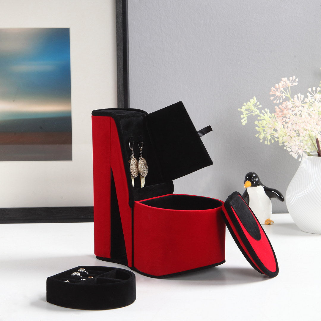 9" Tall Display Jewelry Box With Hidden Storage, High Heel Shoe Design, Red Velvet Red Pu