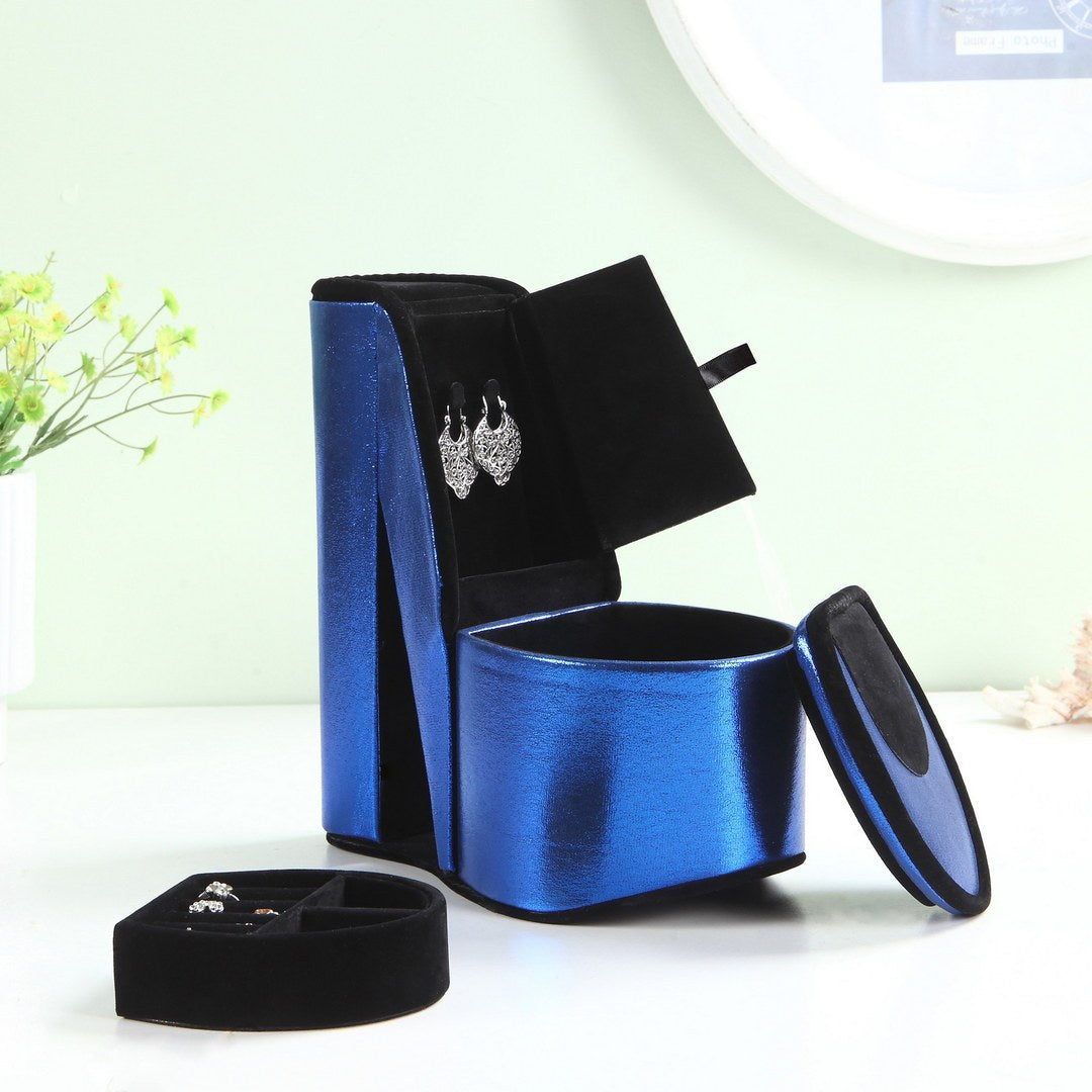 9" Tall Display Jewelry Box With Hidden Storage, High Heel Shoe Design, Blue Velvet Blue Pu