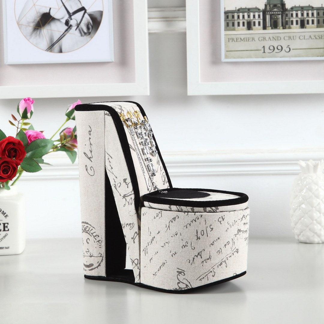 9" Tall Display Jewelry Box With Hooks, High Heel Shoe Design, Stencil Letter Print Multicolor Pu