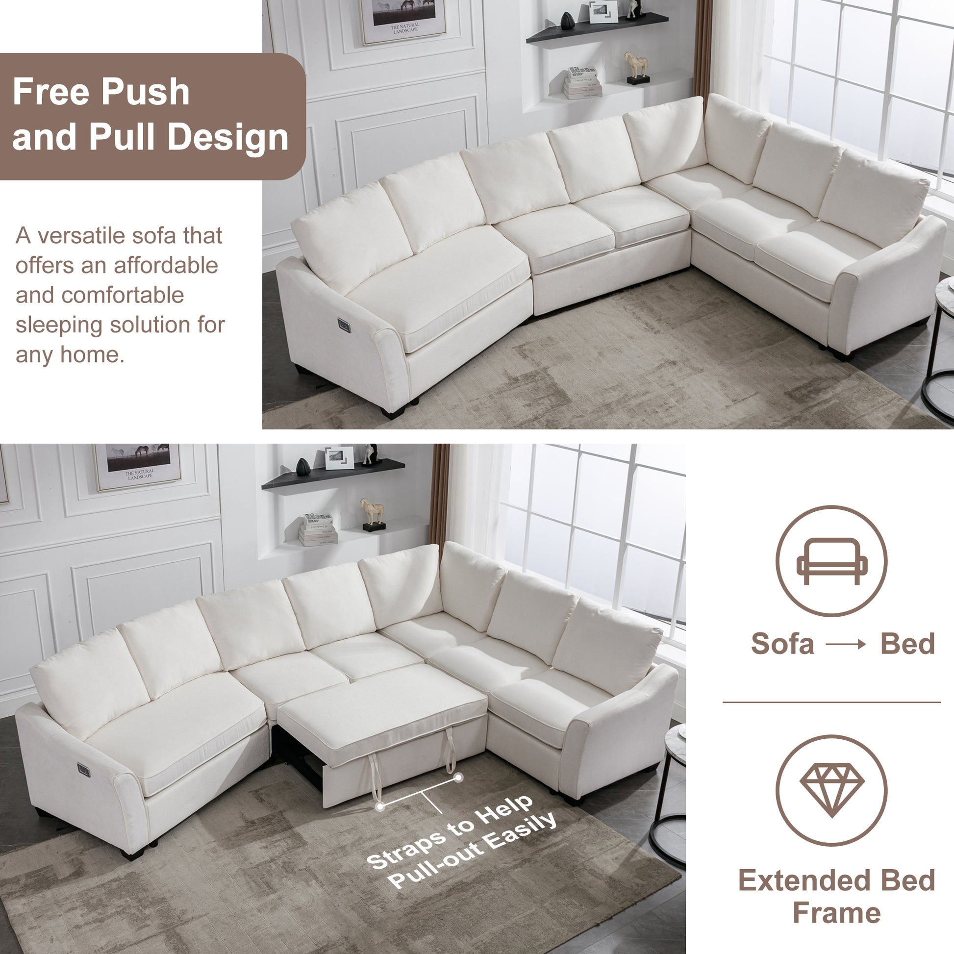 129.5" Sectional Sleeper Sofa With Pull Out Bed Modern L Shape Couch Bed With Usb Charging Port For Living Room, Bedroom, Beige Beige Chenille