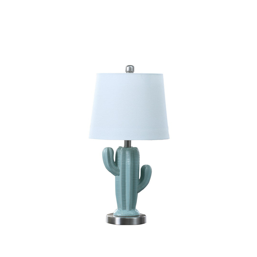 22" In Southwest Teal Ceramic Cactus Plant Modern Metal Table Lamp Teal Metal