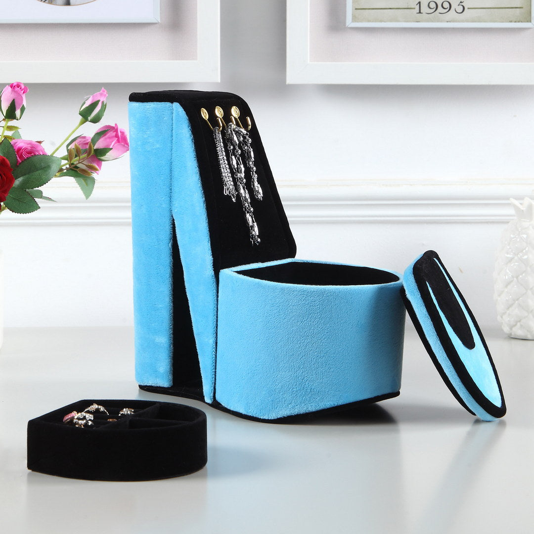 9" Tall Display Jewelry Box With Hooks, High Heel Shoe Design, Turquoise Velvet Turquoise Pu