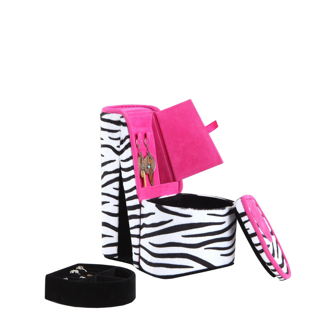 9" Tall Display Jewelry Box With Hidden Storage, High Heel Shoe Design, Zebra Print Multicolor Pu