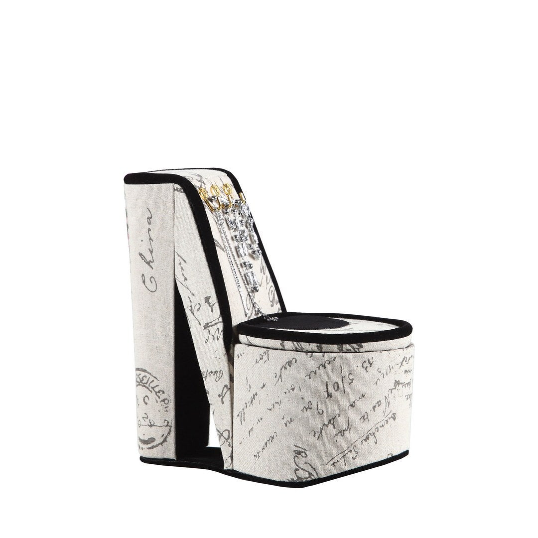 9" Tall Display Jewelry Box With Hooks, High Heel Shoe Design, Stencil Letter Print Multicolor Pu