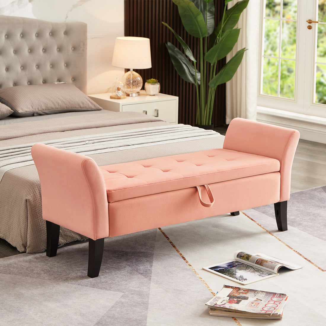 51.5" Bed Bench With Storage Pinlk Velvet Pink Foam Velvet