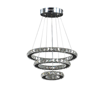 11.8" To 47.2" In Adjustable Height Alva Large Triple Hoop Modern Crystal Stainless Pure White Color Led Remote Control Dimmer Chandelier Silver Steel