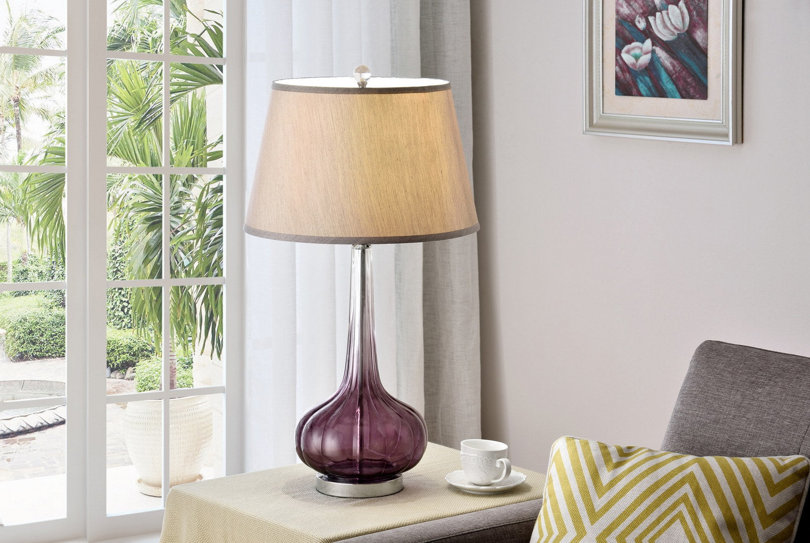 30" Tall Glass Table Lamp "Mulberry" With Purple Finish, Fabric Shade Purple Glass