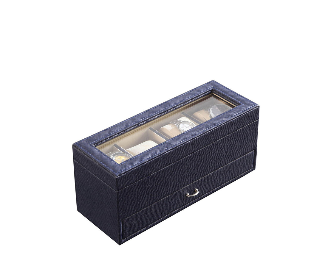 9.3" Long Tempered Glass And Leather Jewelry Watch Display With Drawers, Blue Blue Glass