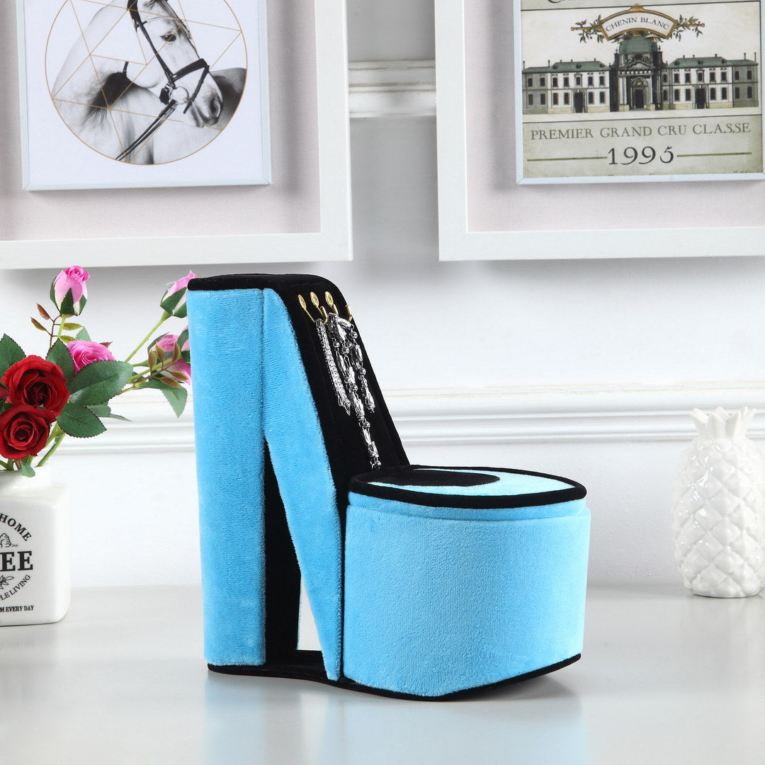 9" Tall Display Jewelry Box With Hooks, High Heel Shoe Design, Turquoise Velvet Turquoise Pu