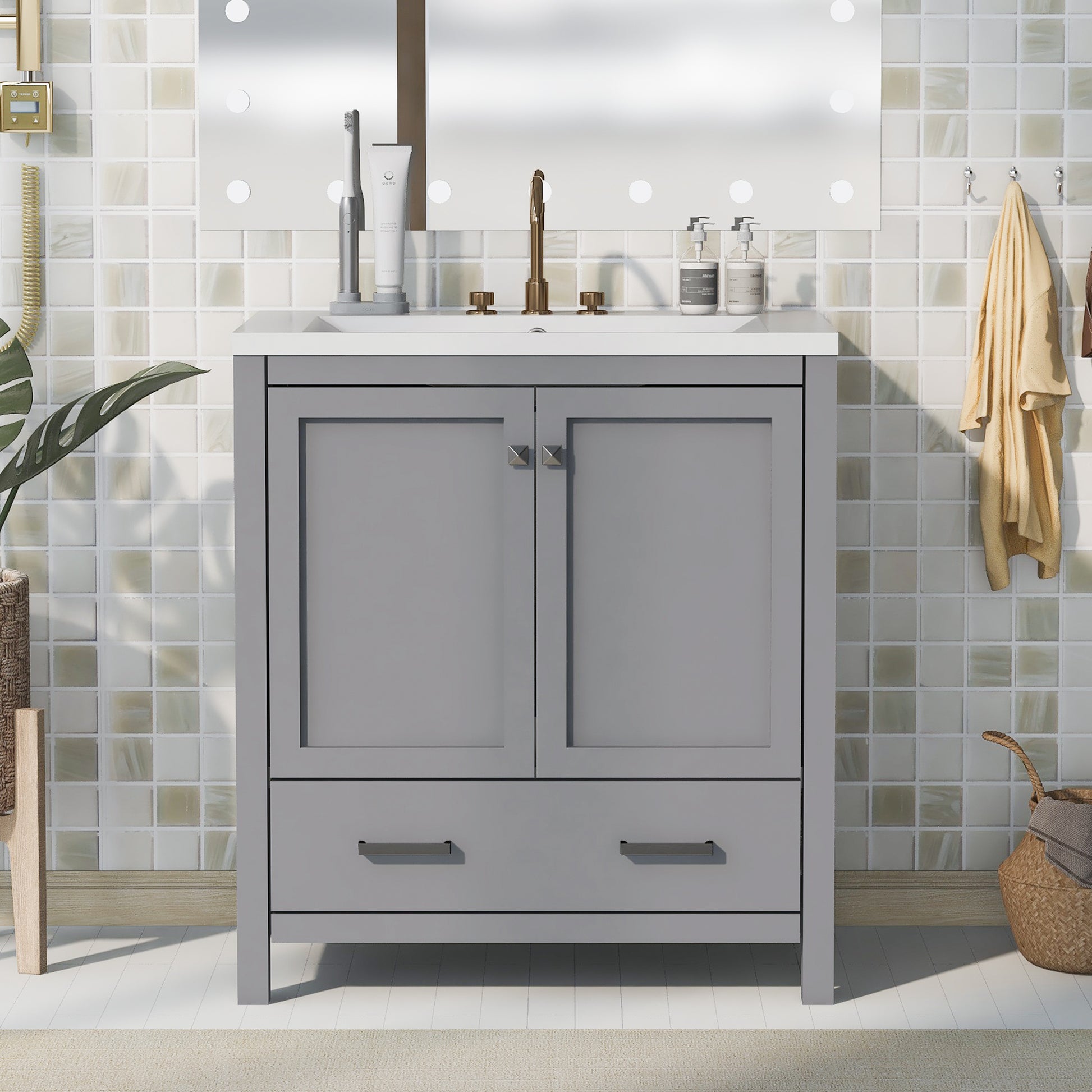 30" Grey Bathroom Vanity With Single Sink, Combo Cabinet Undermount Sink, Bathroom Storage Cabinet With 2 Doors And A Drawer, Soft Closing, Multifunctional Storage, Solid Wood Frame Grey Solid Wood Mdf Resin