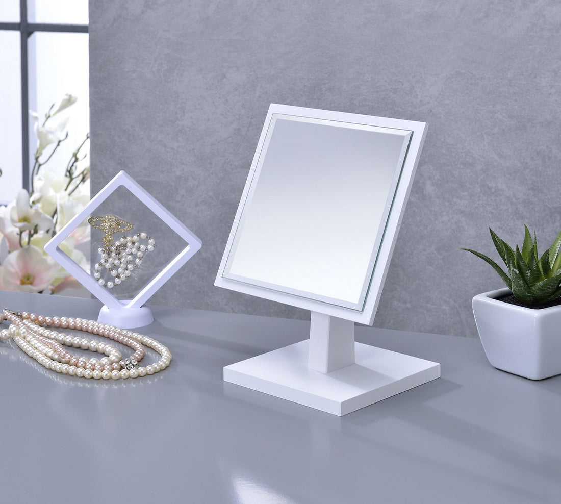 9.5" Tall Polyresin And Wood Make Up Mirror On A Pedestal, White Finish White Wood