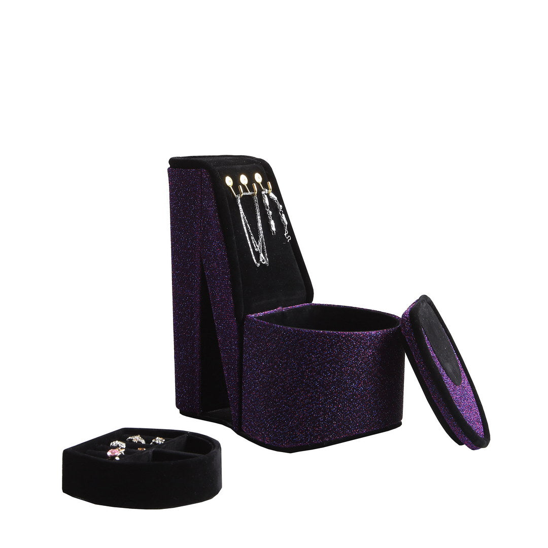 9" Tall Display Jewelry Box With Hooks, High Heel Shoe Design, Purple Velvet Purple Pu