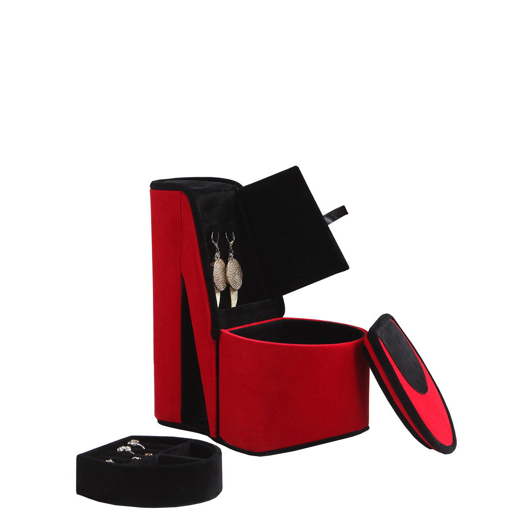 9" Tall Display Jewelry Box With Hidden Storage, High Heel Shoe Design, Red Velvet Red Pu