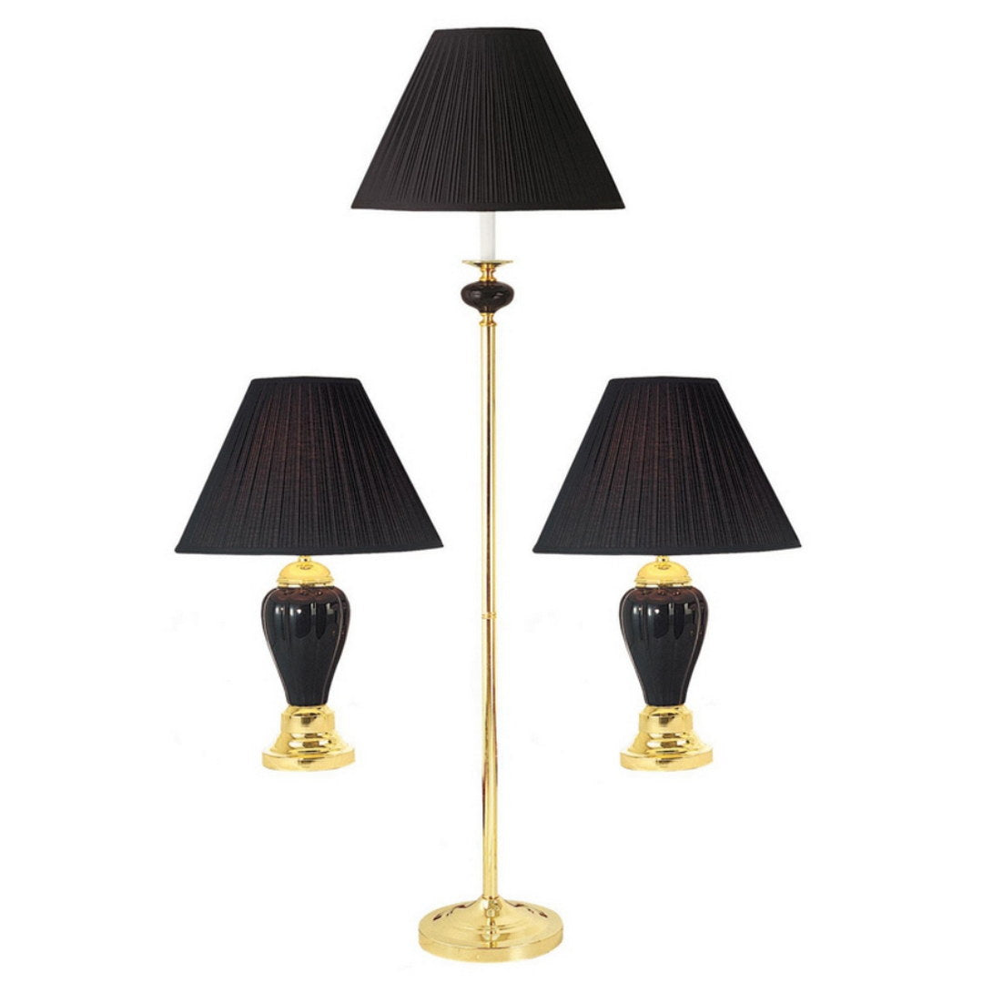 3 Piece Ceramic Lamp Set, Floor And Table Lamps, Black Finish Black Ceramic