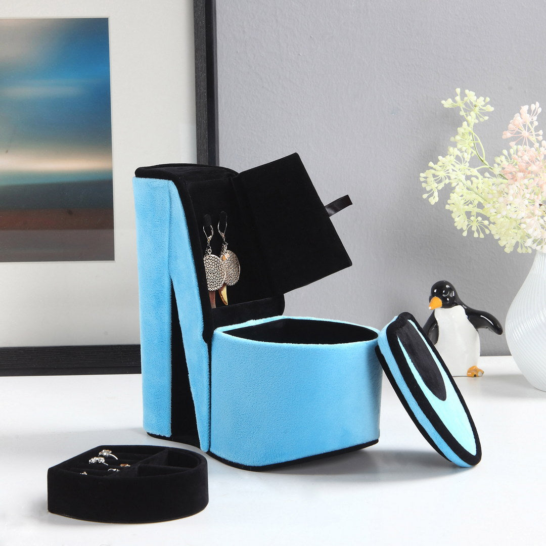 9" Tall Display Jewelry Box With Hidden Storage, High Heel Shoe Design, Turquoise Velvet Turquoise Pu