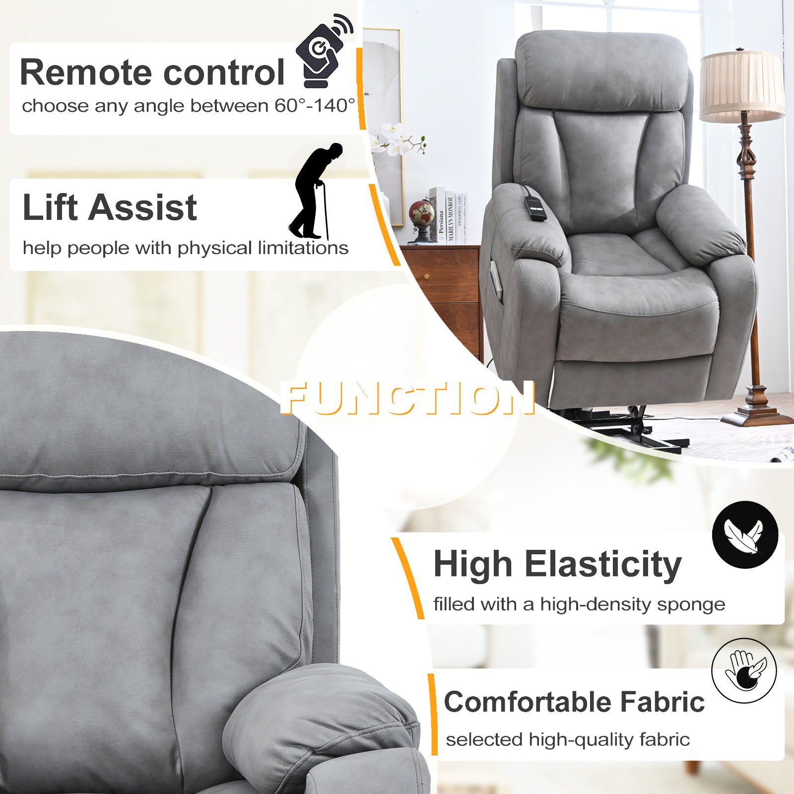 Electric Power Lift Recliner Chair For Elderly, Fabric Recliner Chair For Seniors, Home Theater Seating,Living Room Chair,Side Pocket, Remote Control,Light Gray Light Brown Wood Primary Living Space Heavy Duty Rubberwood Light Gray Polyester Power Remote