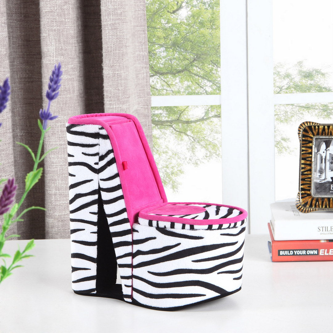 9" Tall Display Jewelry Box With Hidden Storage, High Heel Shoe Design, Zebra Print Multicolor Pu