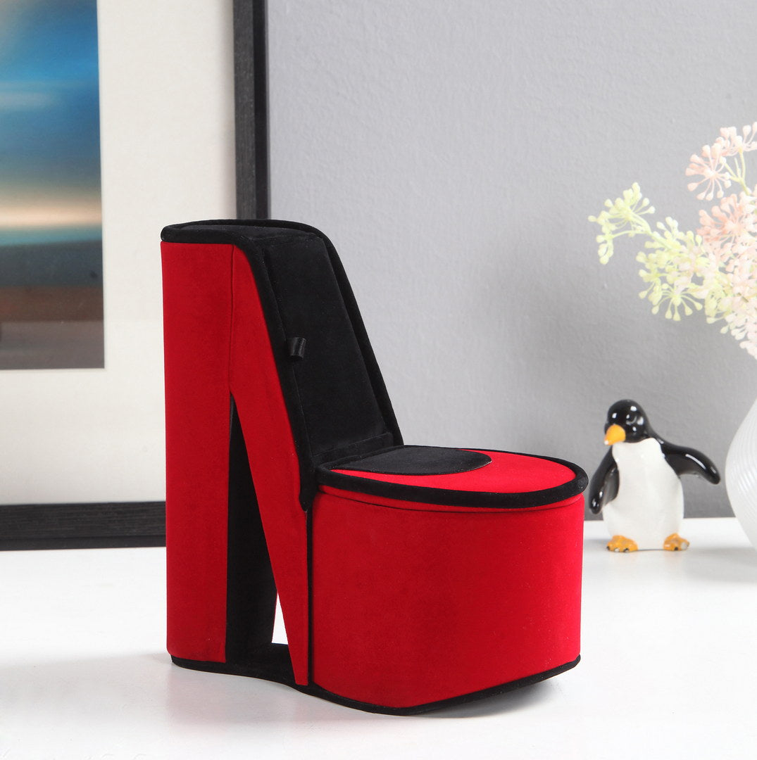 9" Tall Display Jewelry Box With Hidden Storage, High Heel Shoe Design, Red Velvet Red Pu