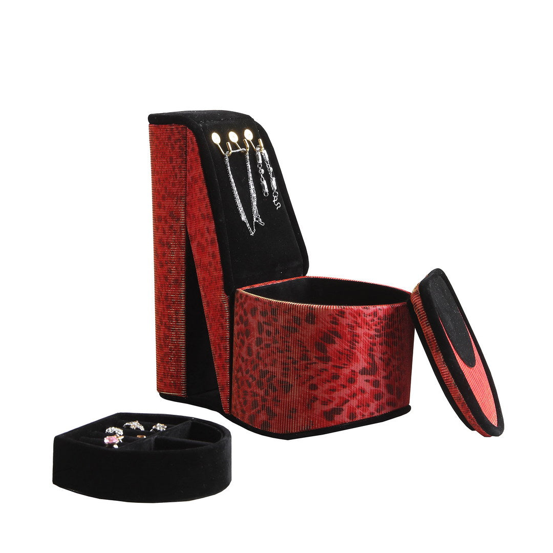 9" Tall Display Jewelry Box With Hooks, High Heel Shoe Design, Leopard Print Multicolor Pu