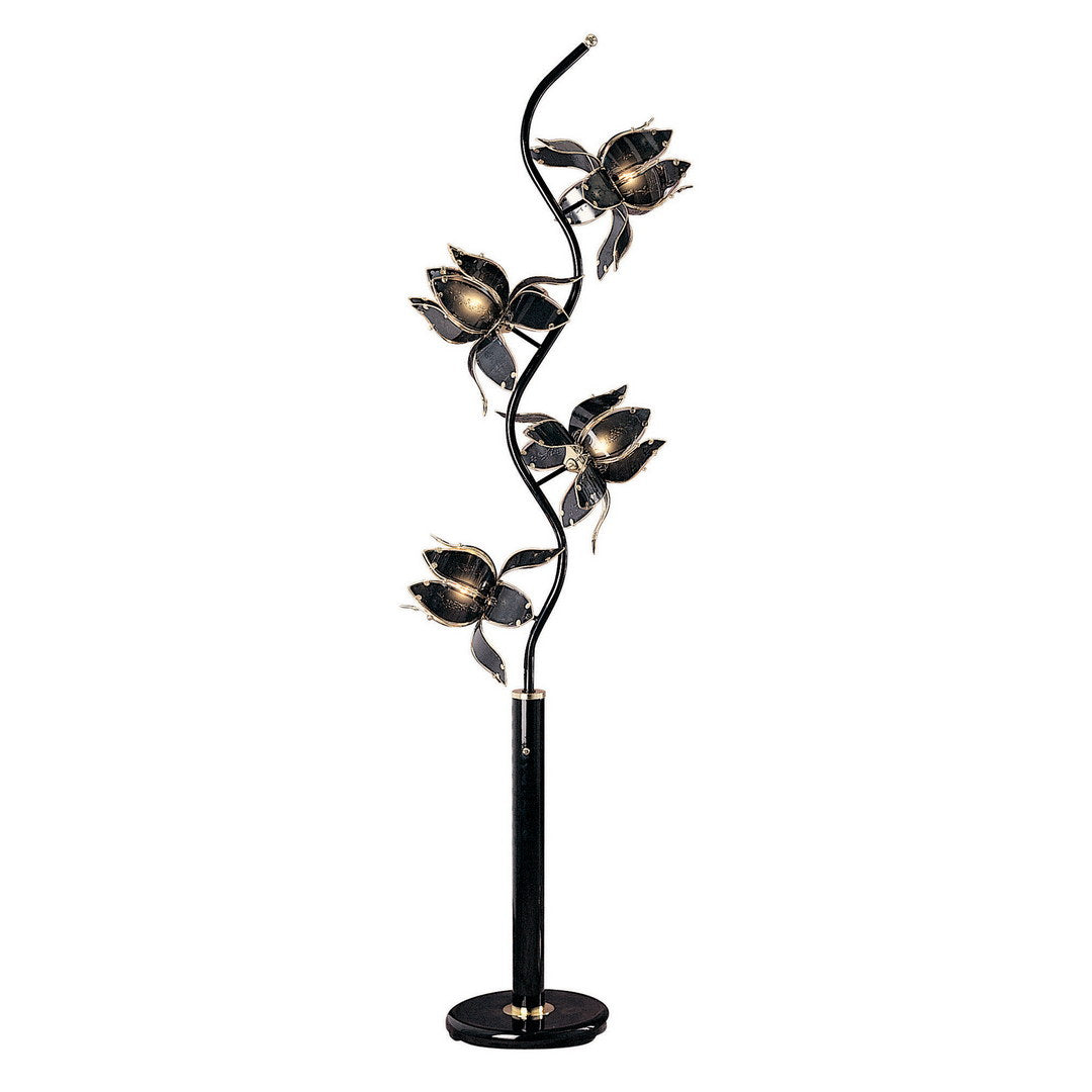 73" Tall Floor Lamp, 4 Black And Gold Flower Shaped Lights With Crystal Accents Black Metal