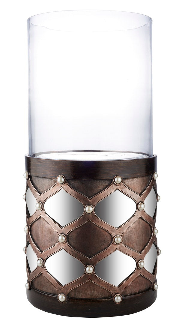 22" Tall Candleholder With Hurricane Glass, Arabesque Mirror Design Brown Polyresin