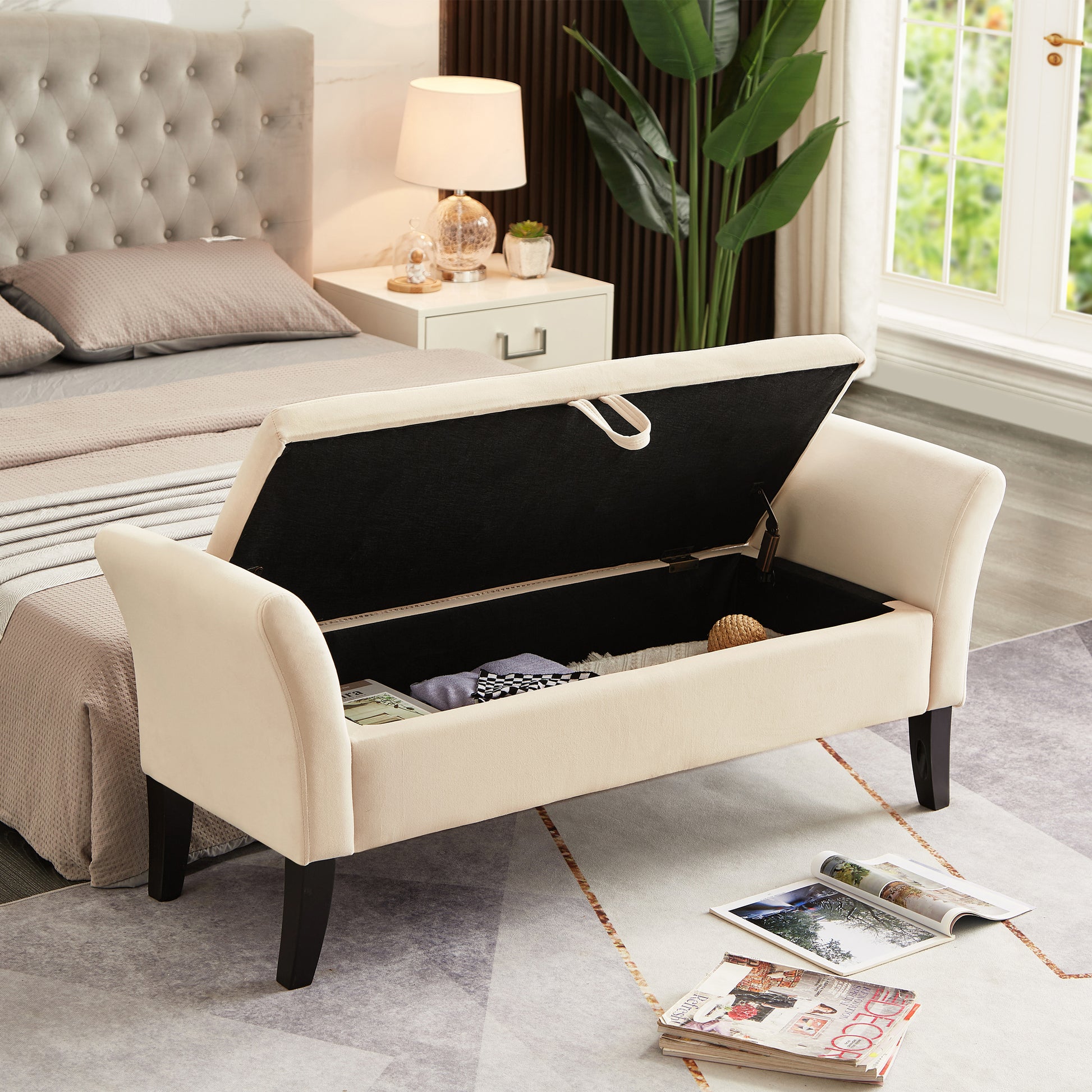 51.5" Bed Bench With Storage Beige Velvet Beige Foam Velvet