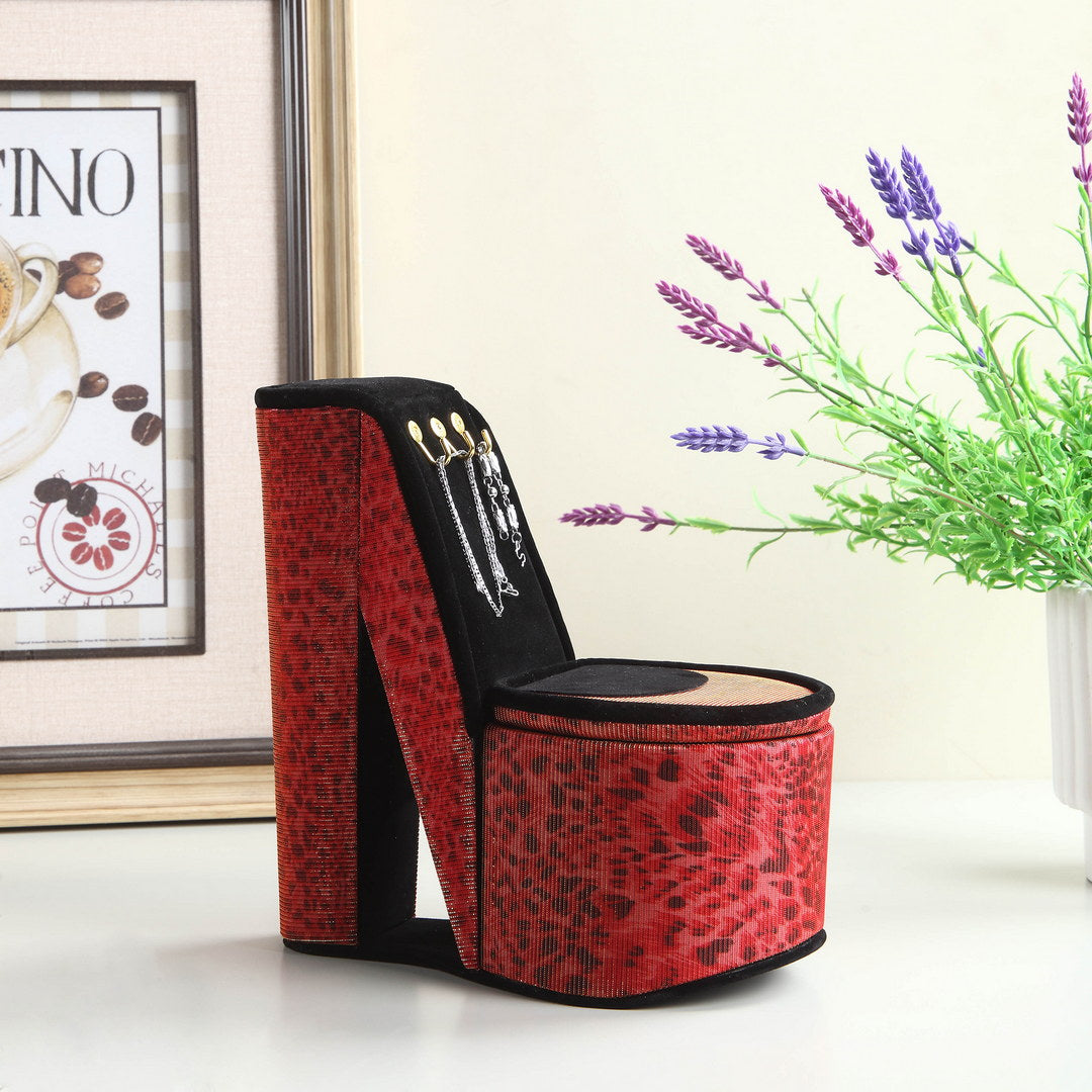 9" Tall Display Jewelry Box With Hooks, High Heel Shoe Design, Leopard Print Multicolor Pu