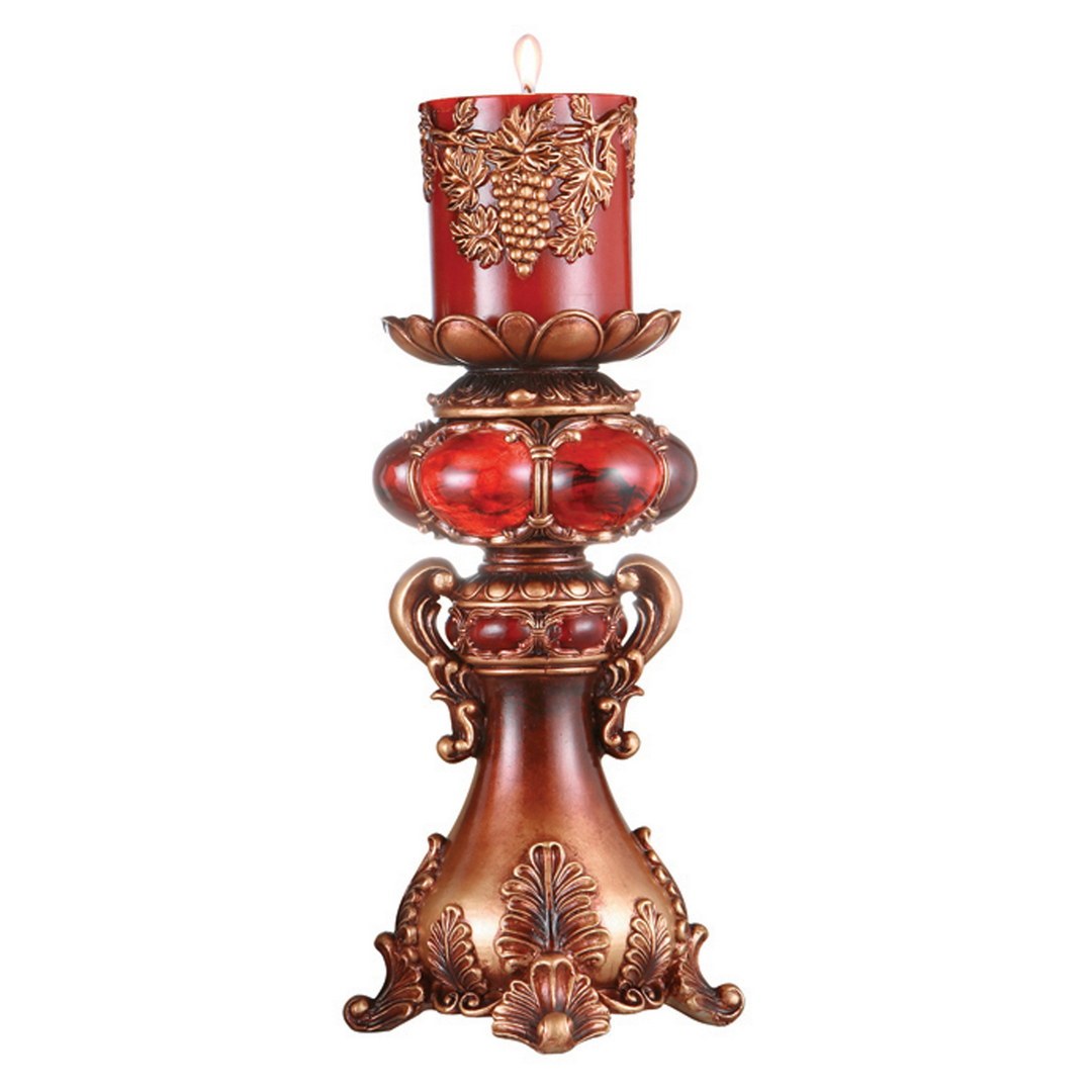 16" Tall Polyresin Candleholder With Red And Brown Finish Multicolor Polyresin