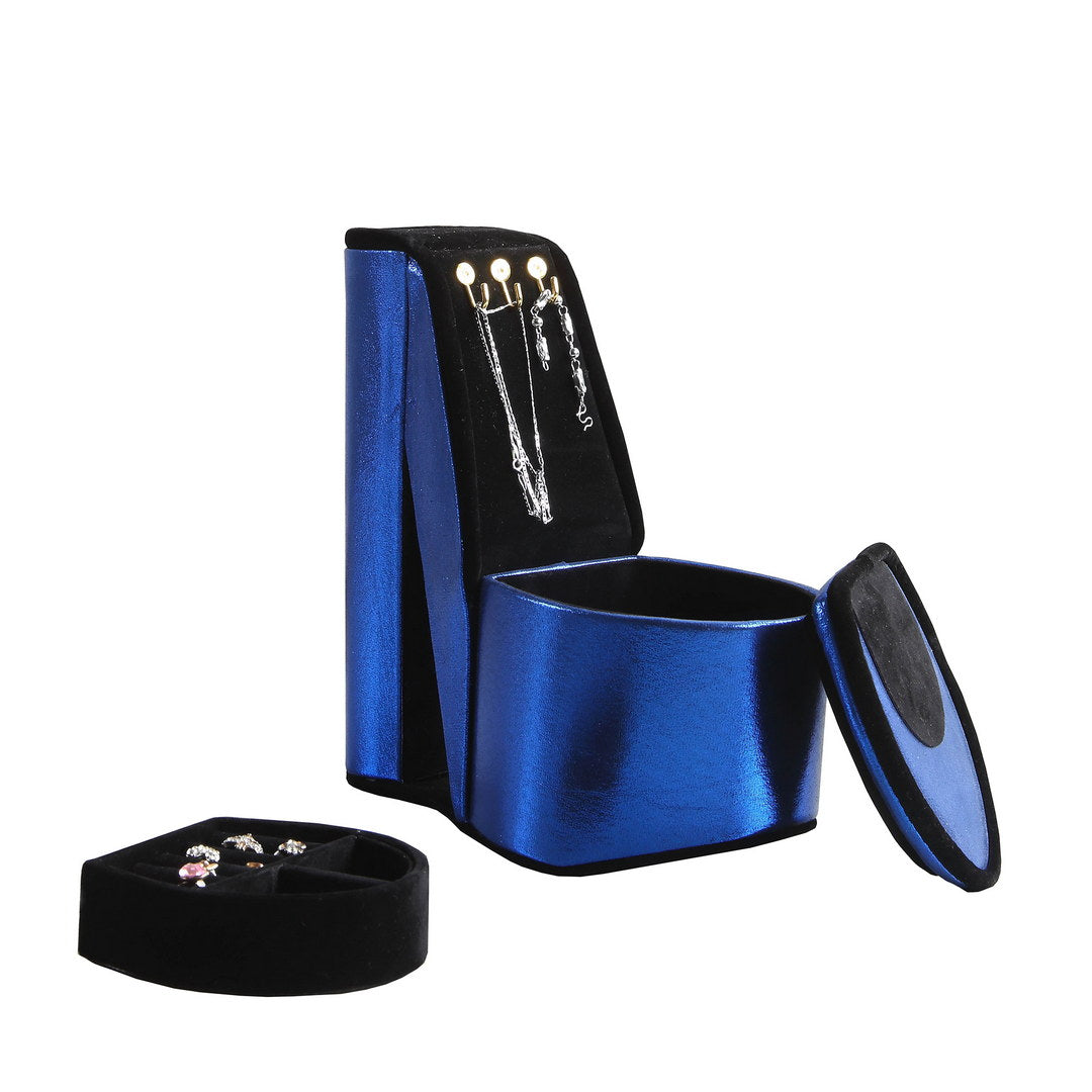 9" Tall Display Jewelry Box With Hooks, High Heel Shoe Design, Blue Velvet Blue Pu