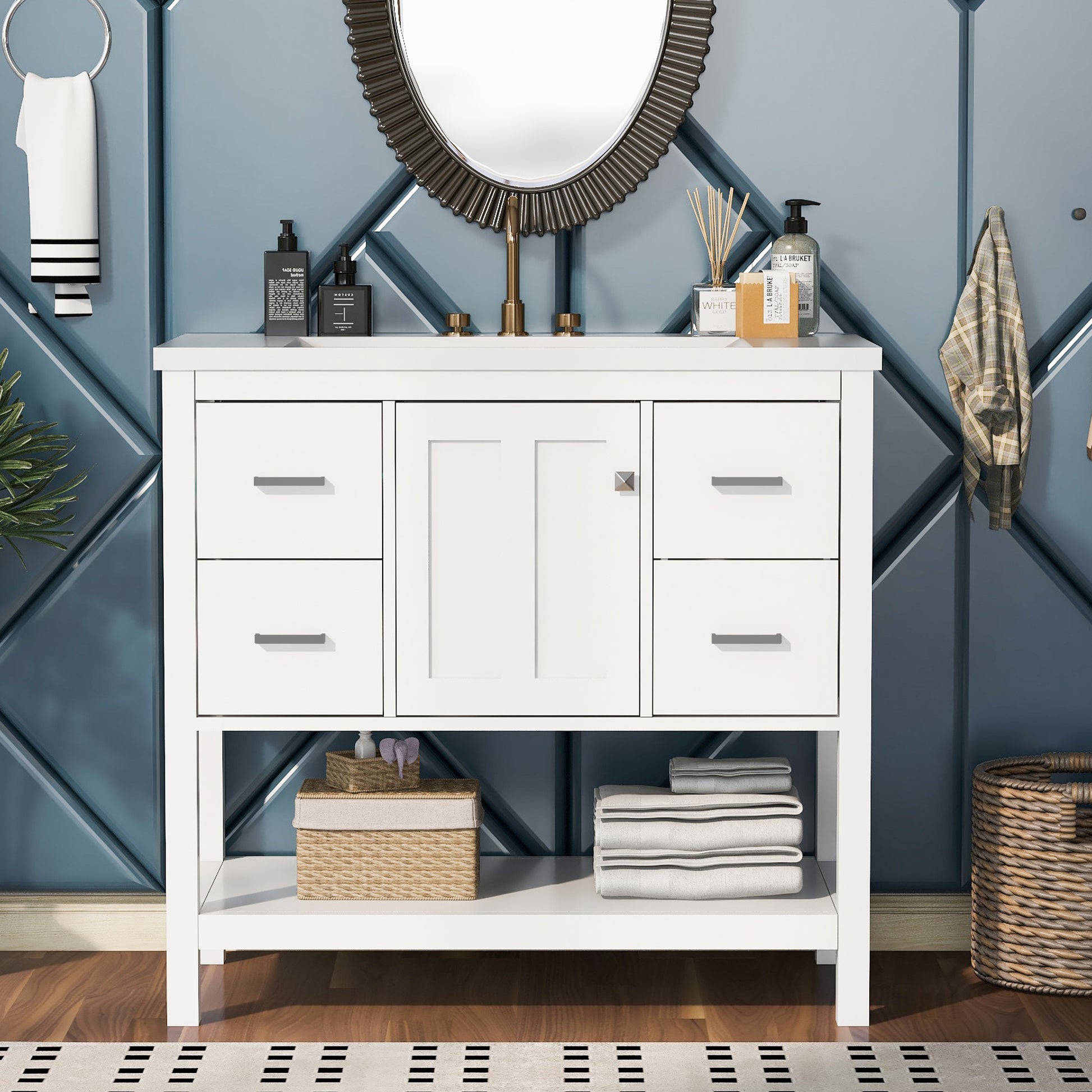 36" White Modern Bathroom Vanity With Usb,Two Shallow Drawers, One Deep Drawer,One Door,Single Resin Sink,Small Bathroom Organization Cabinet White Solid Wood Mdf Resin