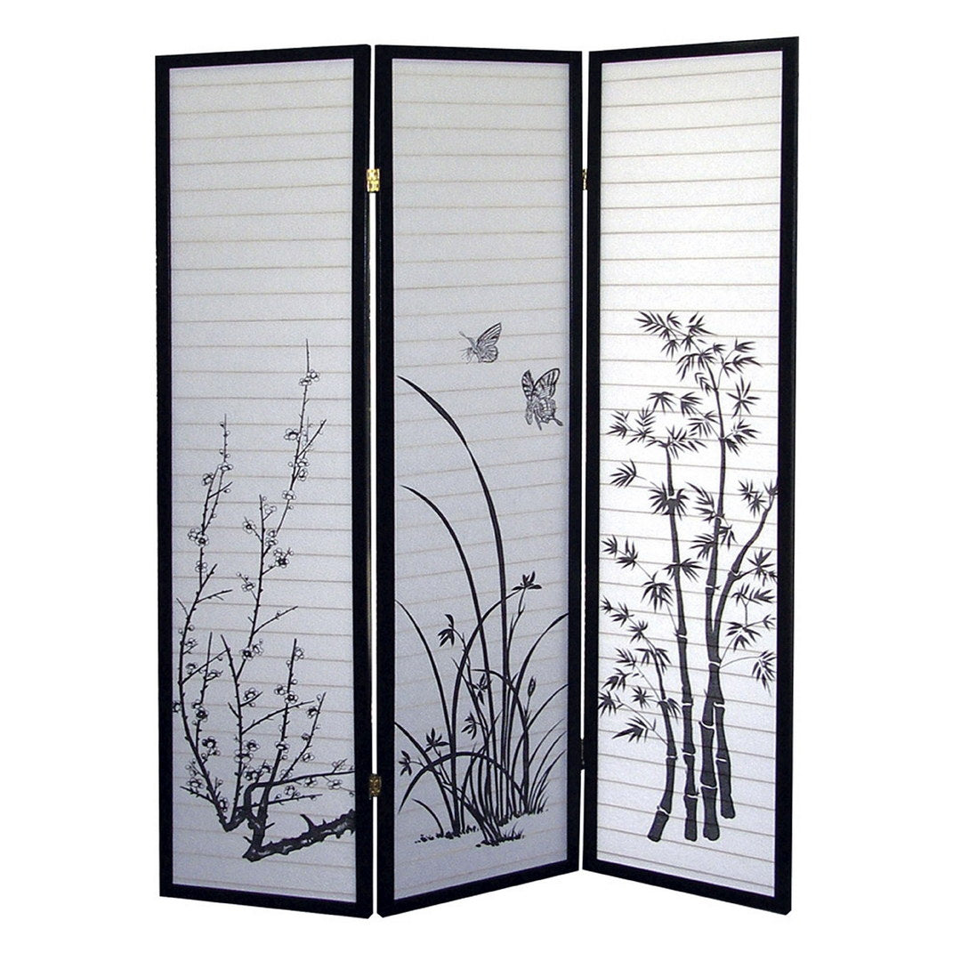 70" Tall 3 Panel Screen Room Divider, Floral Design With Black Finish Black Wood