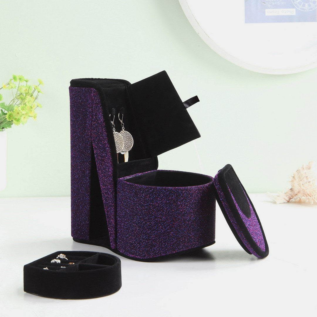 9" Tall Display Jewelry Box With Hidden Storage, High Heel Shoe Design, Purple Velvet Purple Pu