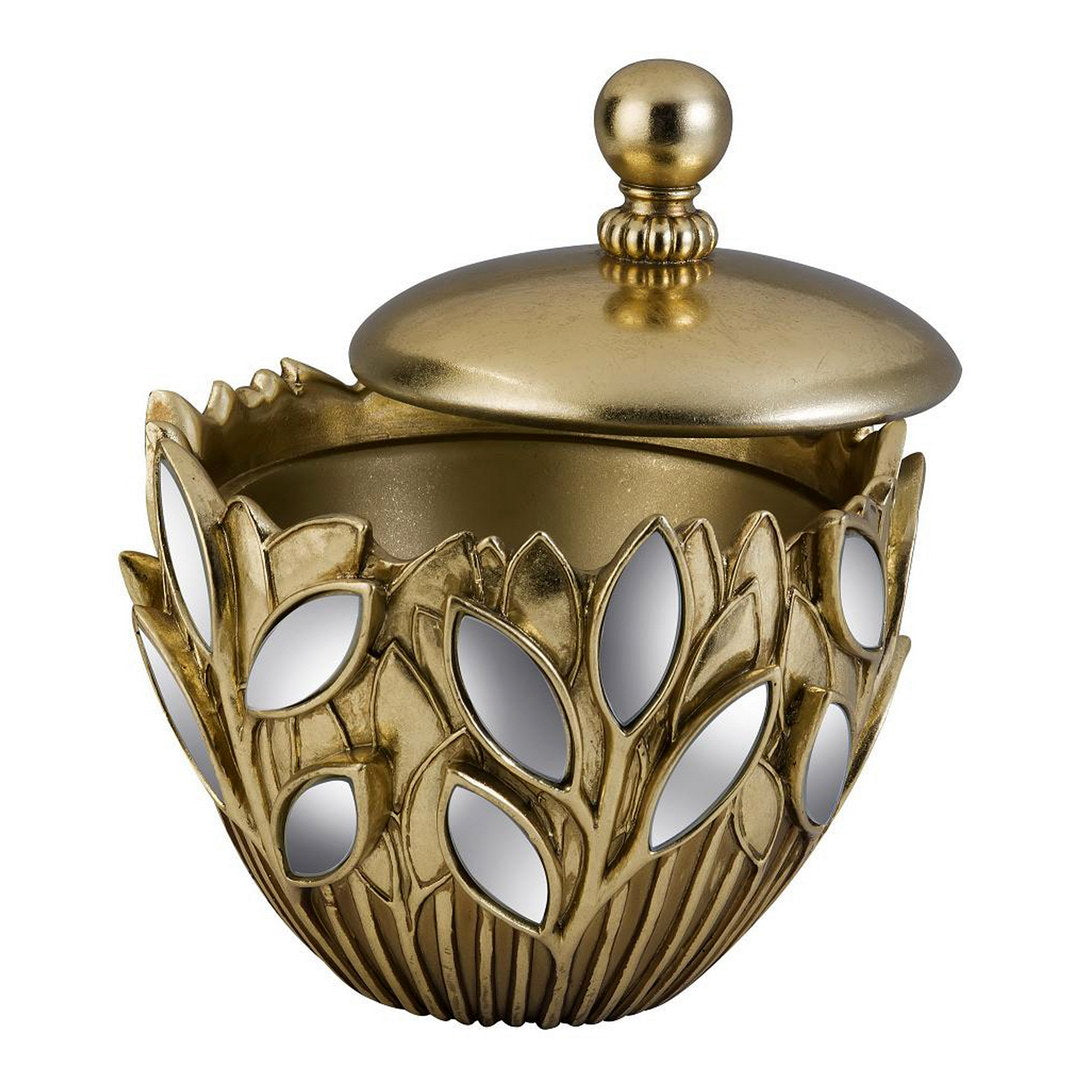 7.75" Tall Decorative Jewelry Box "Gaia, Gold Finish And Mirror Flower Accent Gold Polyresin