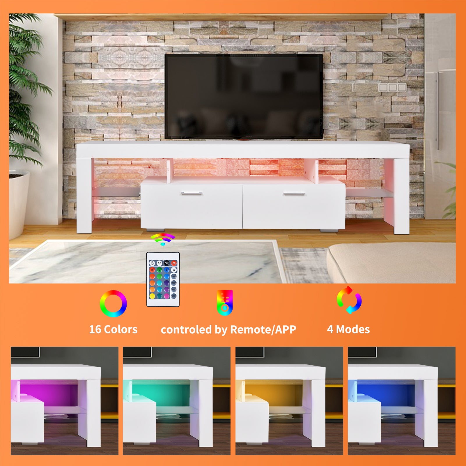 Led Tv Stand Modern Tv Stand With Storage Entertainment Center With Drawer Tv Cabinet For Up To 75 Inch For Gaming Living Room Bedroom White Particle Board