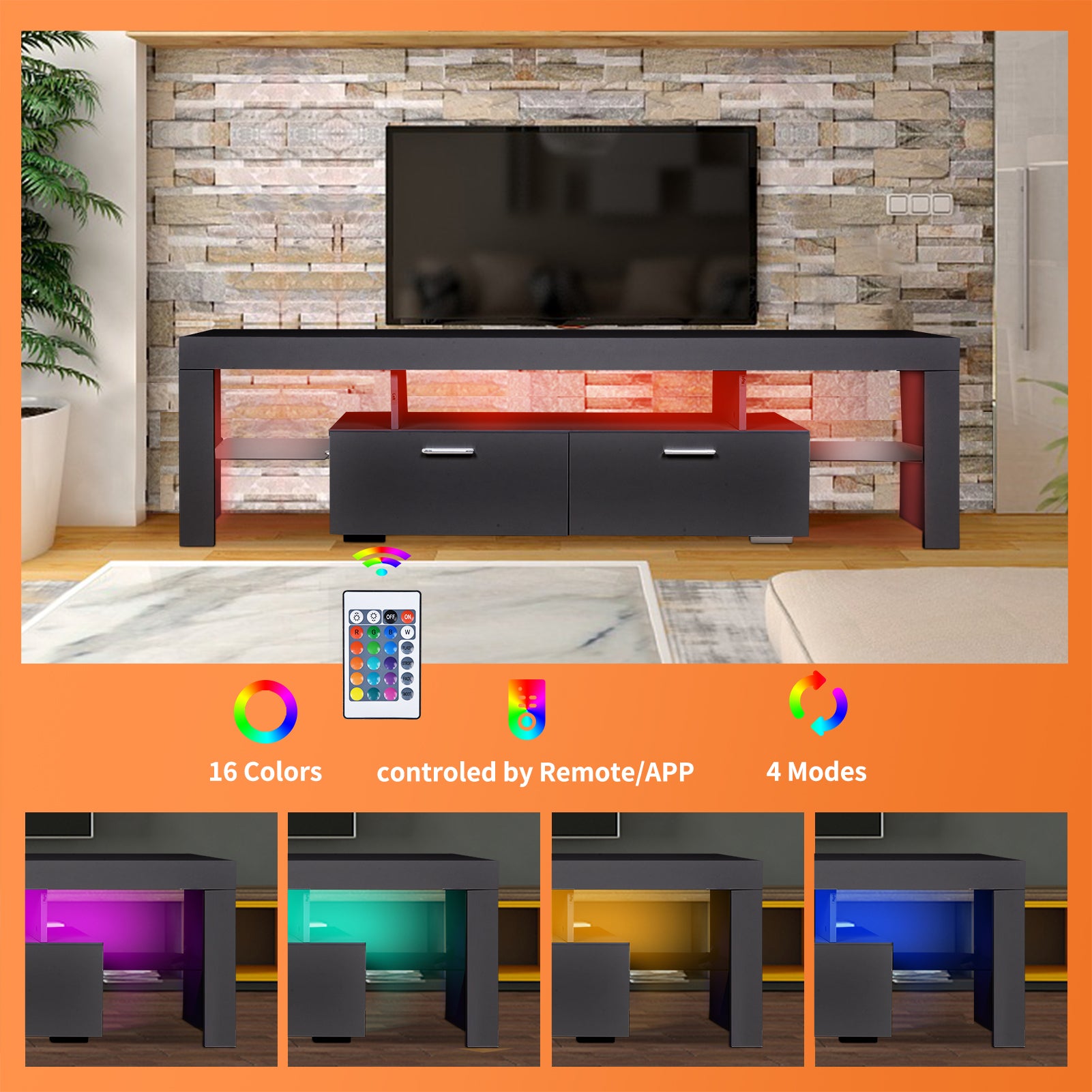 Led Tv Stand Modern Tv Stand With Storage Entertainment Center With Drawer Tv Cabinet For Up To 75 Inch For Gaming Living Room Bedroom Black Particle Board