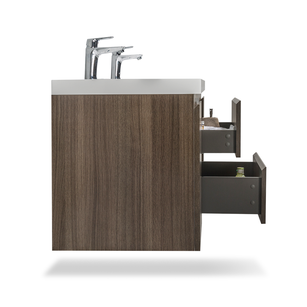 59'' Wall Mounted Double Bathroom Vanity In Rosewood With White Solid Surface Vanity Top Rosewood Melamine