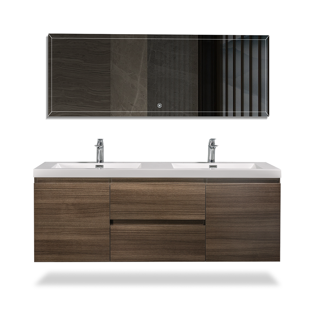 59'' Wall Mounted Double Bathroom Vanity In Rosewood With White Solid Surface Vanity Top Rosewood Melamine