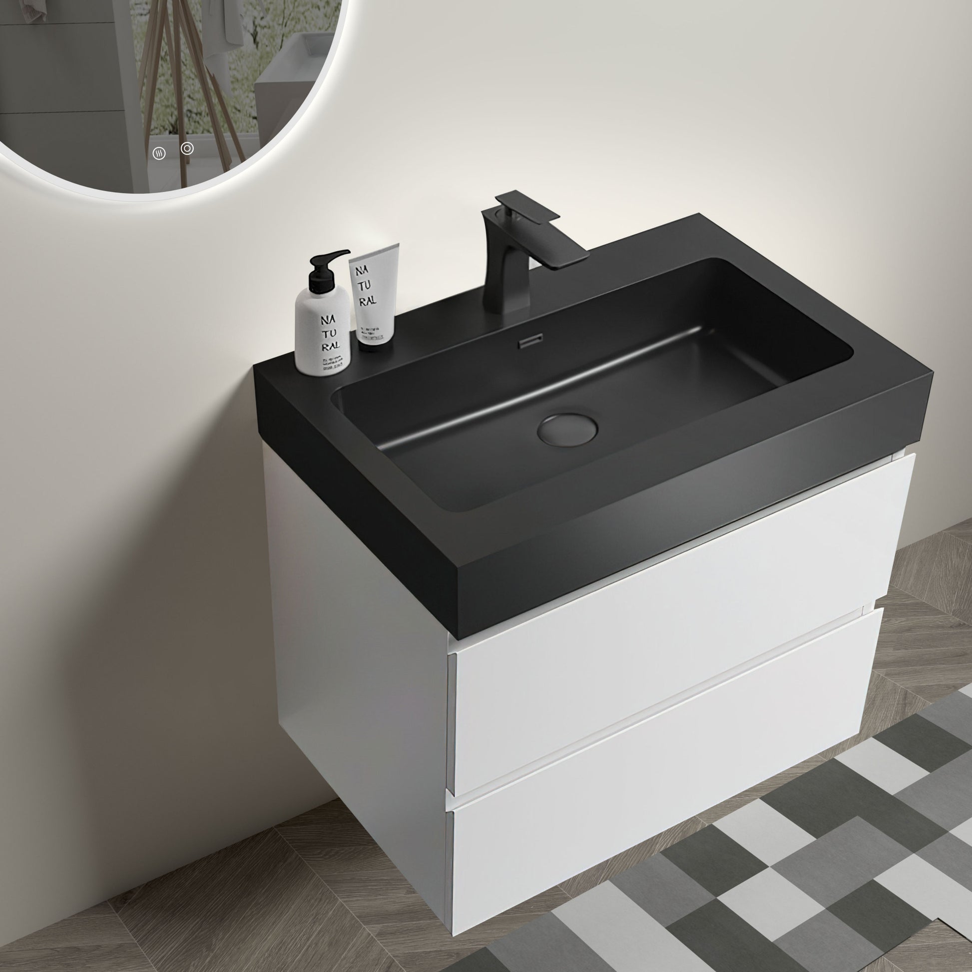 Alice 24" White Bathroom Vanity With Sink, Large Storage Wall Mounted Floating Bathroom Vanity For Modern Bathroom, One Piece Black Sink Basin Without Drain And Faucet, Pre Assembled White Black Melamine