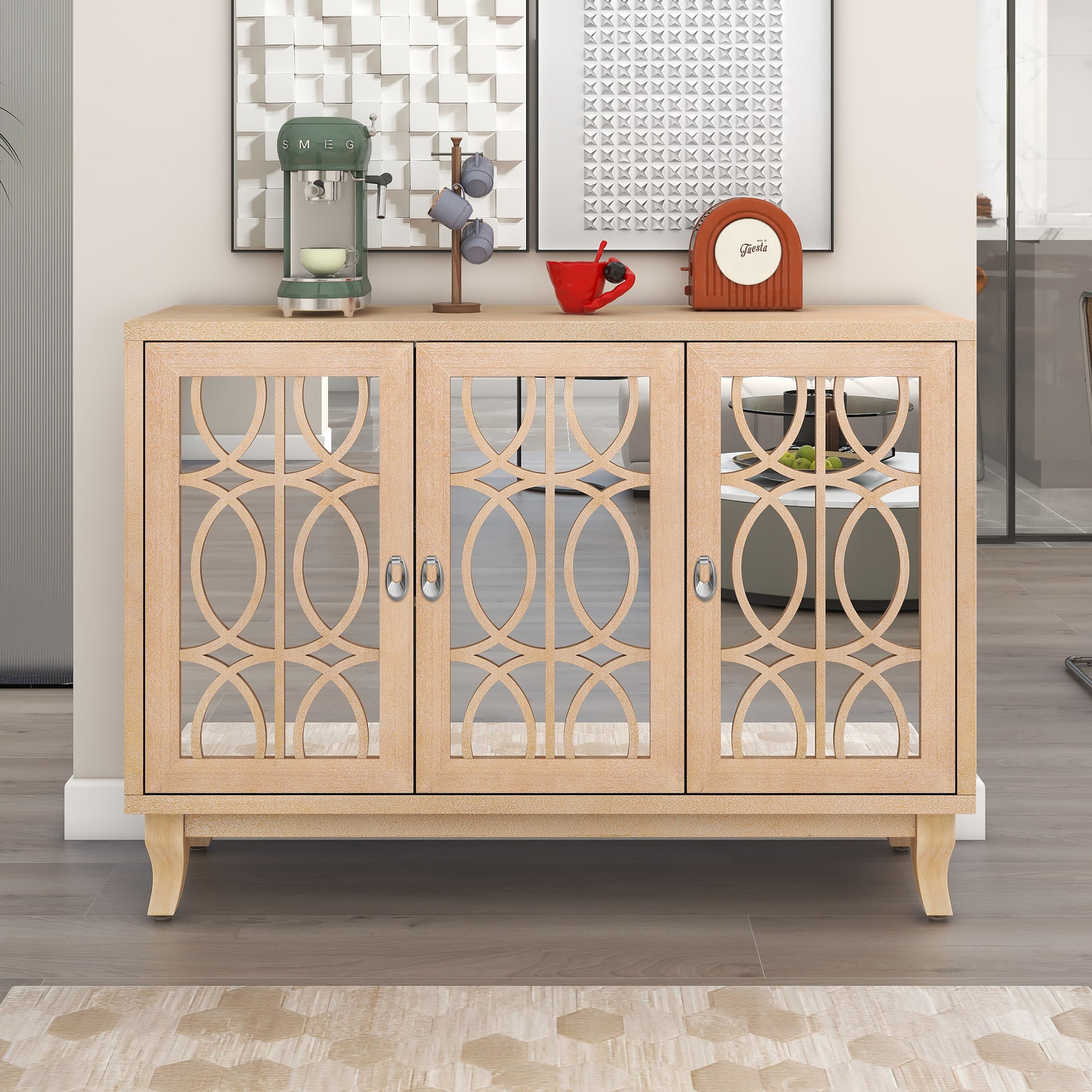 Sideboard With Glass Doors, 3 Door Mirrored Buffet Cabinet With Silver Handle For Living Room, Hallway, Dining Room Natural Wood Wash Natural Wood Wash Mdf