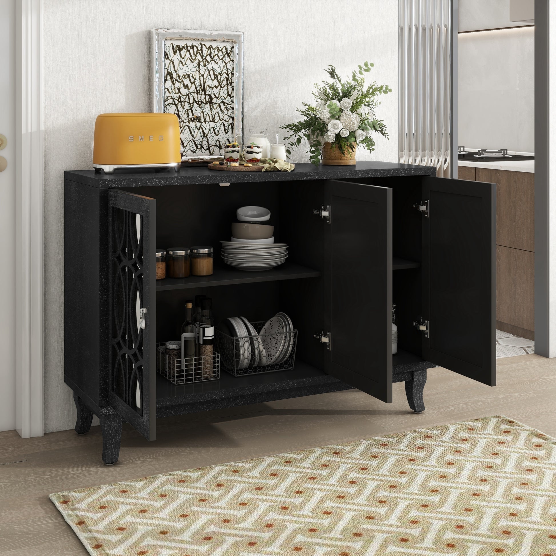 Sideboard With Glass Doors, 3 Door Mirrored Buffet Cabinet With Silver Handle For Living Room, Hallway, Dining Room Black Black Mdf