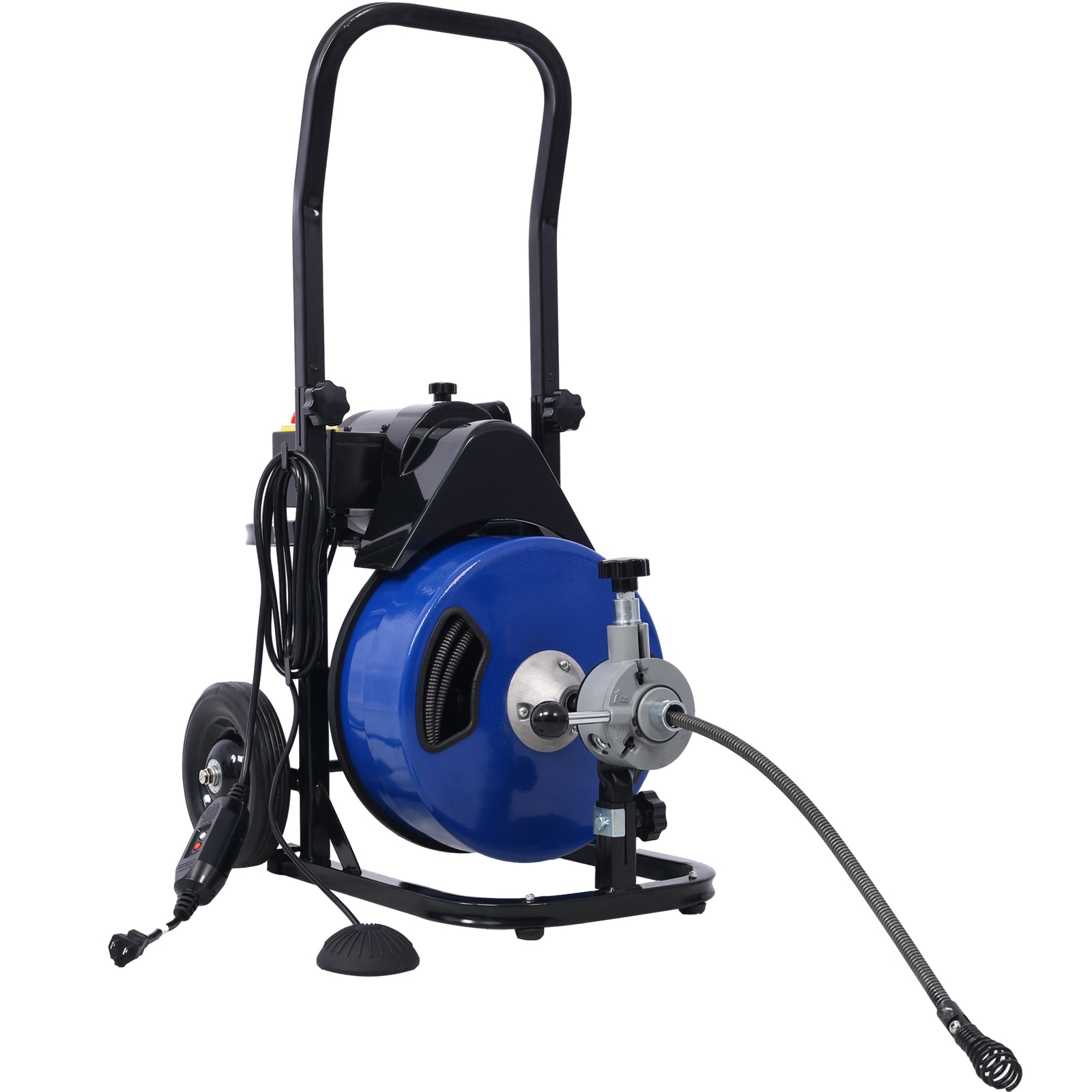 Commercial Sewer Snake Drill Drain Auger Cleaner Cable 60 Feet Long 1 2" 4 Cutter Set & Foot Switch With Wheel Blue Steel
