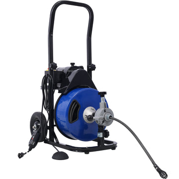 Commercial Sewer Snake Drill Drain Auger Cleaner Cable 60 Feet Long 1 2" 4 Cutter Set & Foot Switch With Wheel Blue Steel
