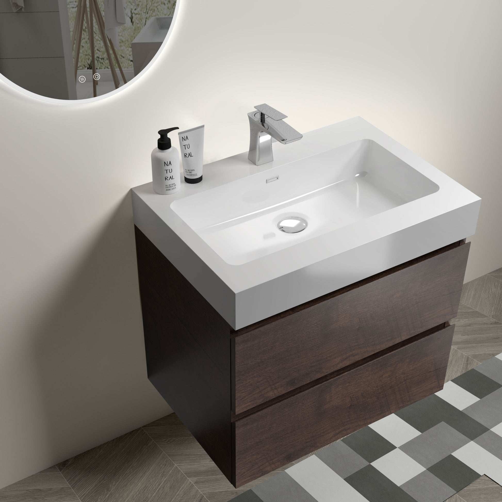 Alice 24" Walnut Bathroom Vanity With Sink, Large Storage Wall Mounted Floating Bathroom Vanity For Modern Bathroom, One Piece White Sink Basin Without Drain And Faucet, Pre Assembled White Walnut Melamine