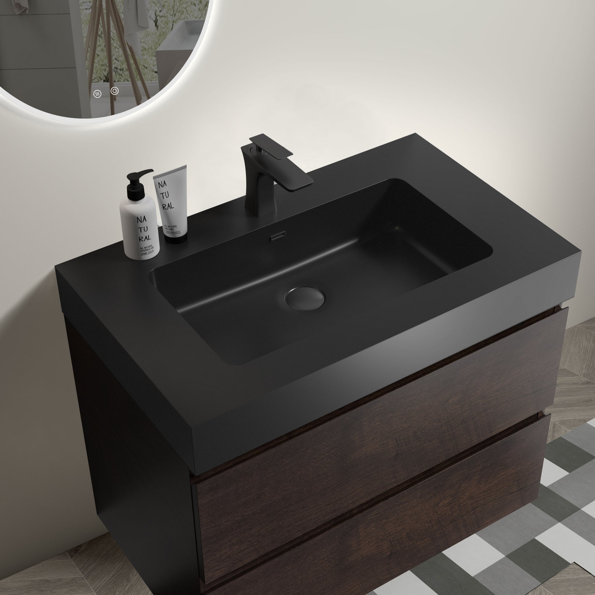 Bb02 30 109, Integrated Engineered Quartz Basin Without Drain And Faucet, Matt Black Color Matt Black Quartz