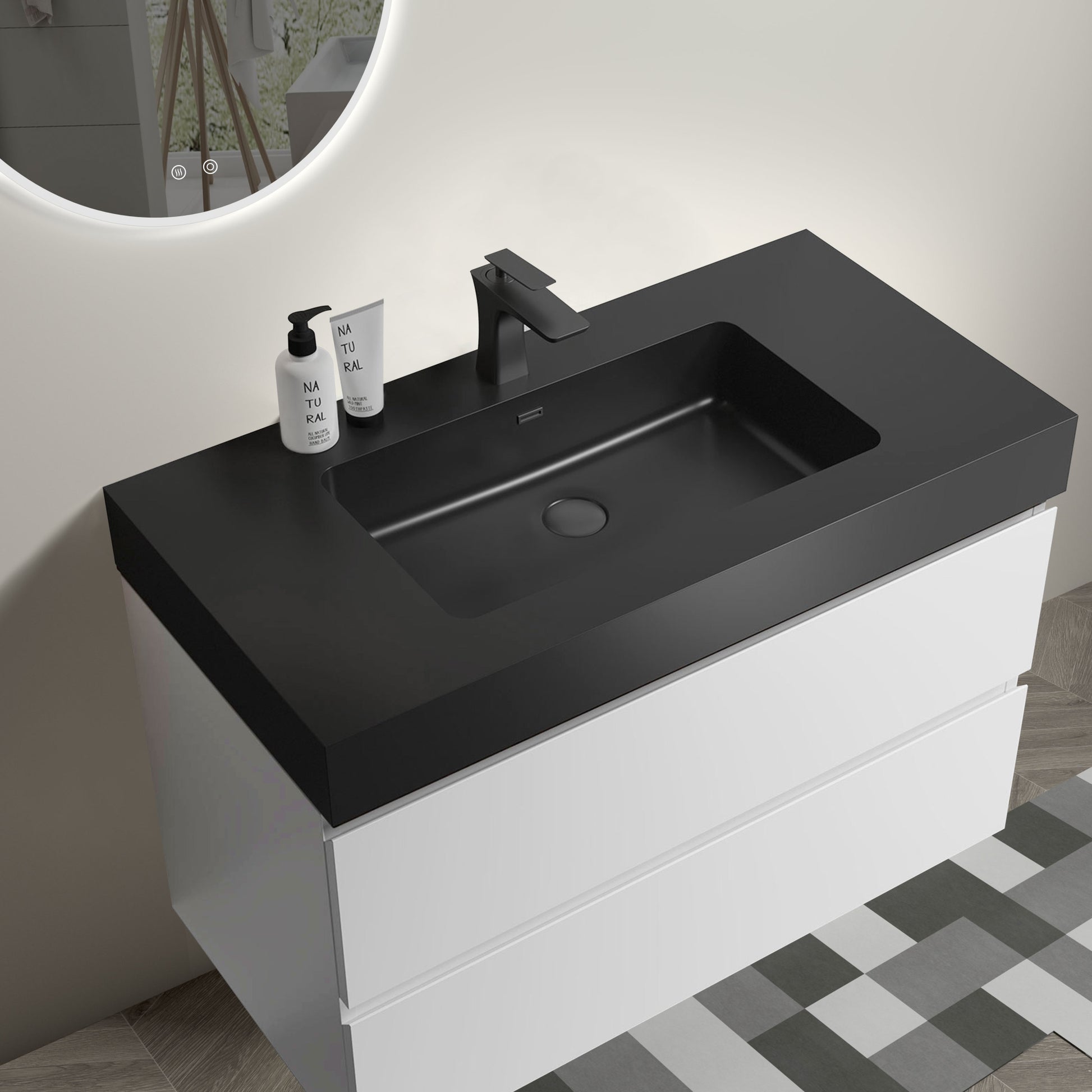 Alice 36" White Bathroom Vanity With Sink, Large Storage Wall Mounted Floating Bathroom Vanity For Modern Bathroom, One Piece Black Sink Basin Without Drain And Faucet, Pre Assembled White Black Melamine